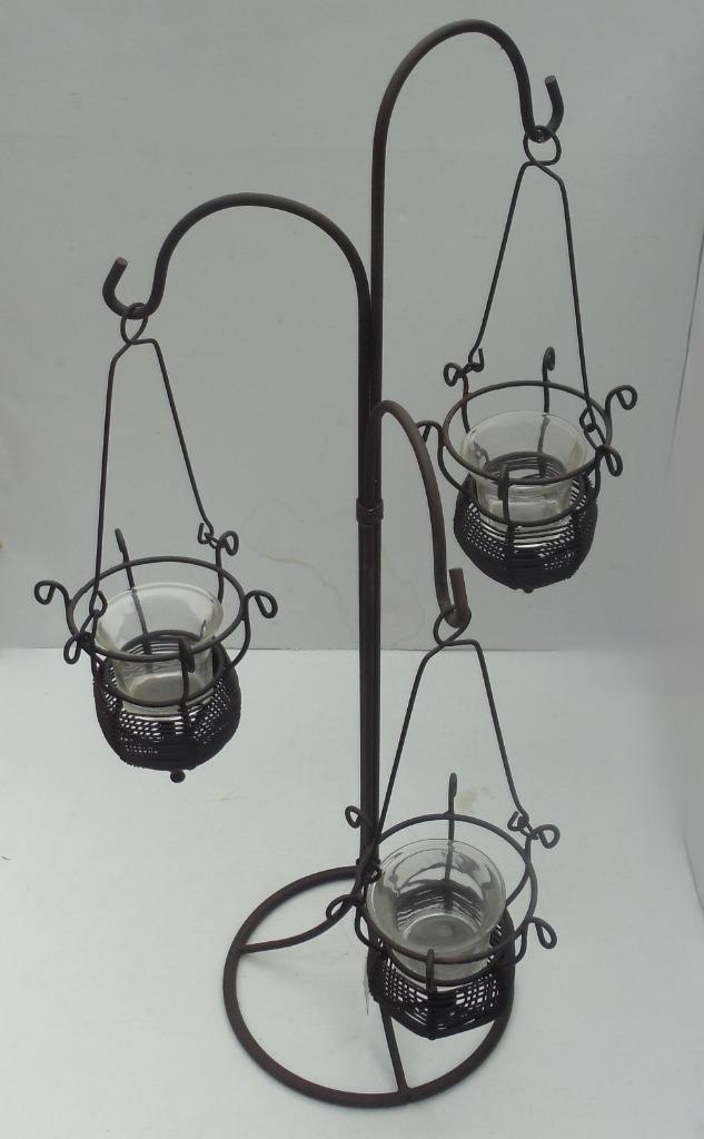 Theelichthouder metaal met drie mandjes en glaasjes 53 cm h, Huis en Inrichting, Woonaccessoires | Kandelaars en Kaarsen, Nieuw