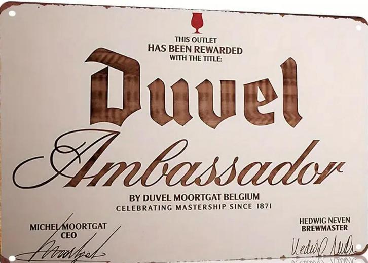 Reclamebord vintage Duvel Ambassador - mancave poolhouse new, Verzamelen, Biermerken, Nieuw, Reclamebord, Plaat of Schild, Duvel