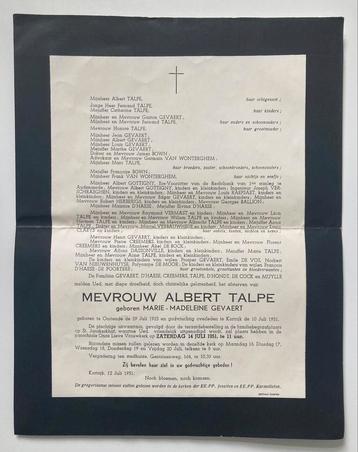 rouwbrief Marie - Madeleine Gevaert Talpe Oostende Kortrijk, Verzamelen, Ophalen of Verzenden, Rouwkaart