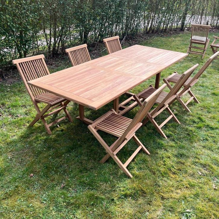 Neuf: Ensemble table rectangulaire + 6 chaises en teck, Tuin en Terras, Tuintafels, Nieuw, Rechthoekig, Teakhout, Ophalen