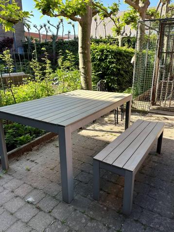 Table de jardin 6 personnes + banc, Enlèvement, Utilisé, Rectangulaire, Aluminium