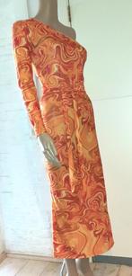 Lange jurk retro print one shoulder oranje XS-S, Kleding | Dames, Jurken, Verzenden, Oranje