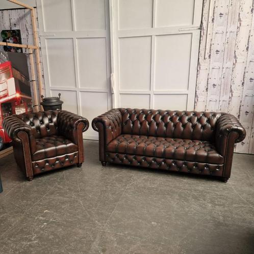 Chesterfield 3-zits + Fauteuil – Knopenzit – Antiek Bruin, Antiek en Kunst, Antiek | Meubels | Stoelen en Sofa's, Ophalen