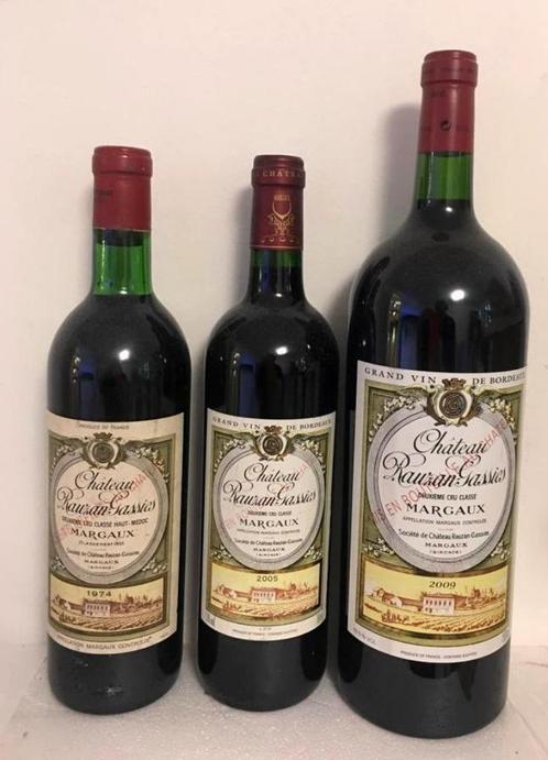 3 X Château Rauzan Gassies 1974- 2005 &Magnum 2009. 2 Gd Cru, Collections, Vins, Neuf, Vin rouge, France, Pleine, Enlèvement ou Envoi