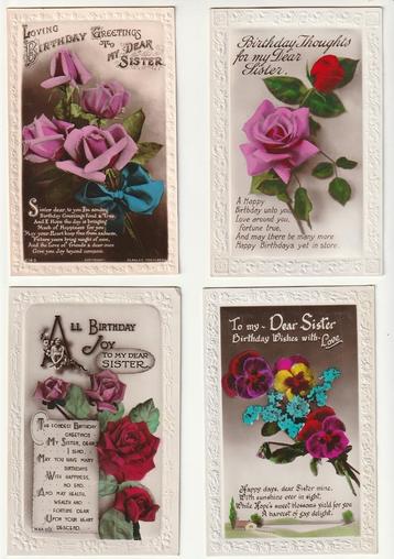 Lot 4 cartes anglaises Birthday Wishes relief fleurs