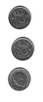 3 Munten Nederland  10 Cent 1948 (Wilhemina), Reine Wilhelmine, Enlèvement ou Envoi, Monnaie en vrac, 10 centimes