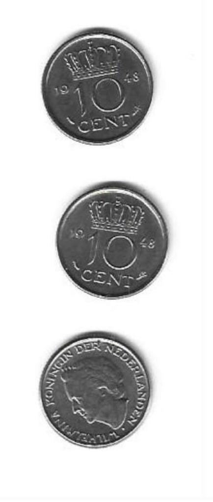 3 Munten Nederland  10 Cent 1948 (Wilhemina), Postzegels en Munten, Munten | Nederland, Losse munt, 10 cent, Koningin Wilhelmina