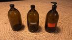 Set van 3 amberkleurige glazen flessen (met pomp en kurken), Ophalen of Verzenden, Gebruikt