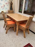 HOUTEN TAFEL MET 2 LADES + 4 ROTAN STOELEN, Huis en Inrichting, 50 tot 100 cm, Grenenhout, 150 tot 200 cm, Gebruikt