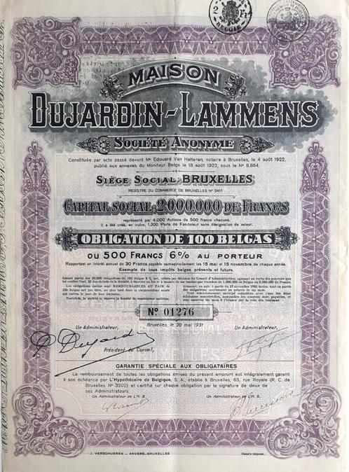 Maison Dujardin-Lammens - Obligation de 100 Belgas - 1931 -, Postzegels en Munten, Aandelen en Waardepapieren, Aandeel, 1920 tot 1950