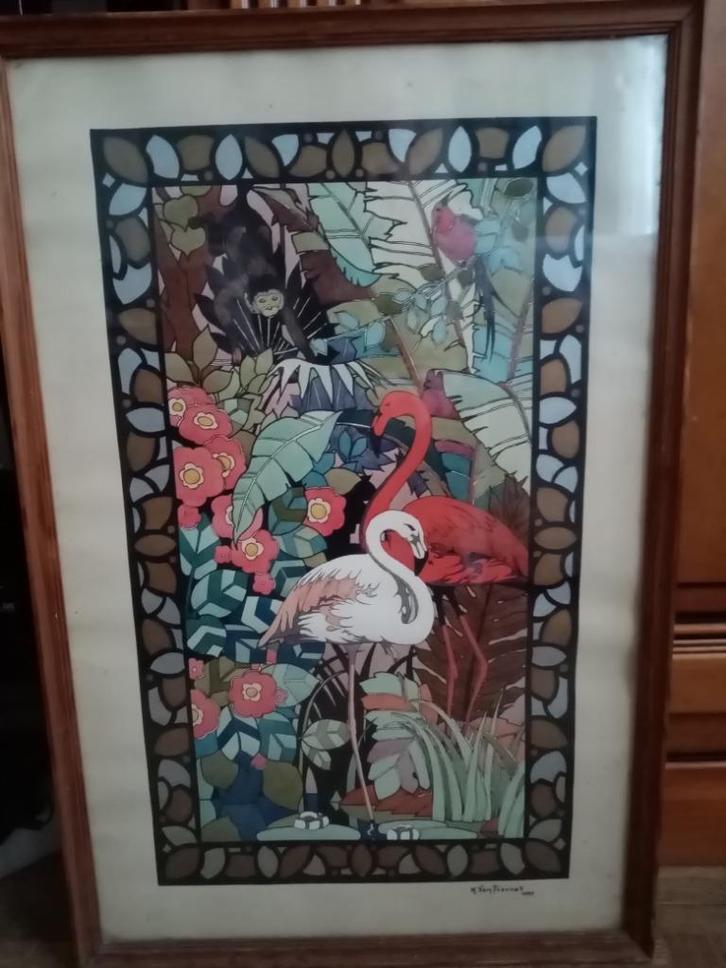 Belgische aquarel tropische stijl M.Van Dievoet 1957 66/37cm, Hobby en Vrije tijd, Schilderen, Gebruikt, Waterverf, Ophalen