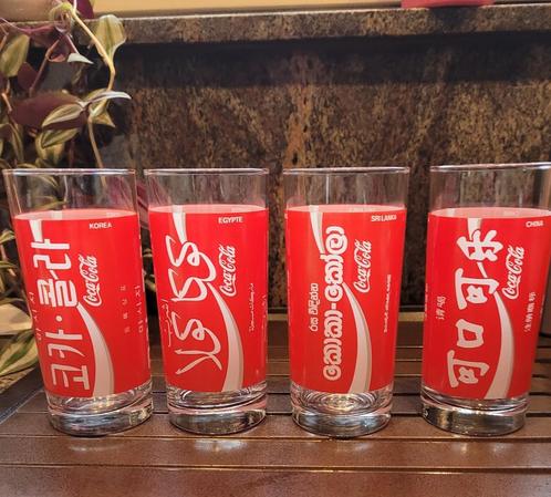 3 vintage Coca-cola glazen met buitenlandse opschrift, Verzamelen, Glas en Drinkglazen, Zo goed als nieuw, Ophalen of Verzenden