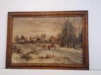Winters Landschap met Boerderij en Figuren–Olieverf op doek, Ophalen of Verzenden