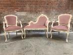 Brocante bankje met twee armstoelen uit roze fluweel, Ophalen of Verzenden