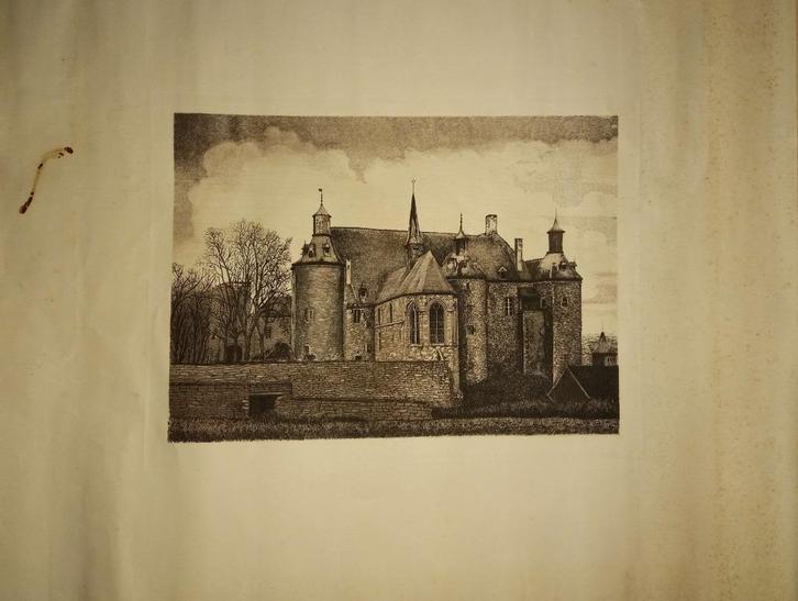 gravure Chateau Fort d'Ecaussinnes-Lalaing, Antiquités & Art, Art | Eaux-fortes & Gravures, Enlèvement ou Envoi