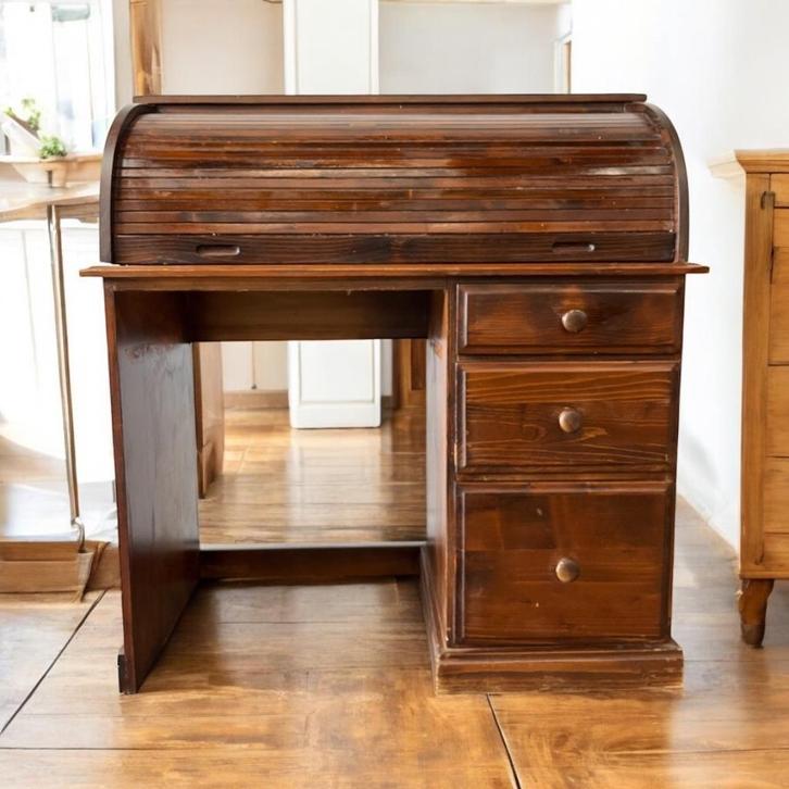 Vintage houten bureau met rolluik – retro stijl, Huis en Inrichting, Bureaus, Bureau, Ophalen of Verzenden