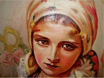 vintage Trachten  portret schilderij canvas rond 1940 beschikbaar voor biedingen