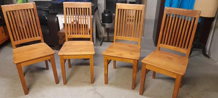 4 strakke teaken stoelen voor binnen/buiten, Huis en Inrichting, Stoelen, Gebruikt, Vier, Hout, Ophalen