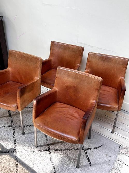 4 vintage lederen cognac eetstoelen, Huis en Inrichting, Stoelen, Gebruikt, Vier, Leer, Metaal, Bruin, Ophalen
