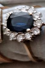 Bague or bicolore 18K saphir bleu + 12 diamants, "Lady Di", Neuf, Or, Enlèvement, Bleu