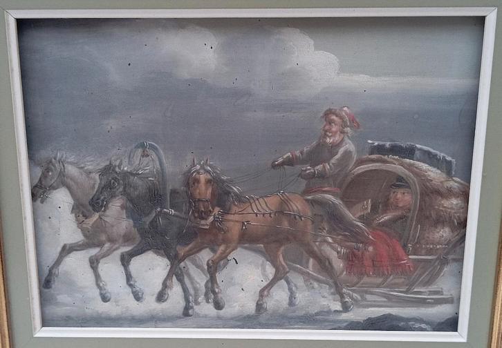 oud schilderij Trojka op metaalplaat geschilderd, Antiek en Kunst, Kunst | Schilderijen | Klassiek, Ophalen of Verzenden