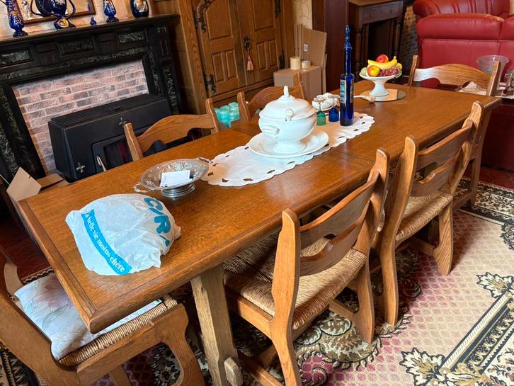Ensemble table en bois + 6 chaises en paille tressée, Antiek en Kunst, Antiek | Meubels | Tafels, Ophalen