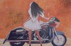 groot olieschilderij bikergirl harley davidson (75x115), Ophalen of Verzenden