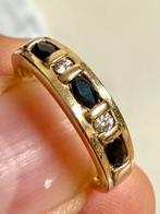 14 karaat gouden ring met diamanten en saffier/ maat 17,5mm, Geel, Ophalen of Verzenden, 17 tot 18, Met edelsteen