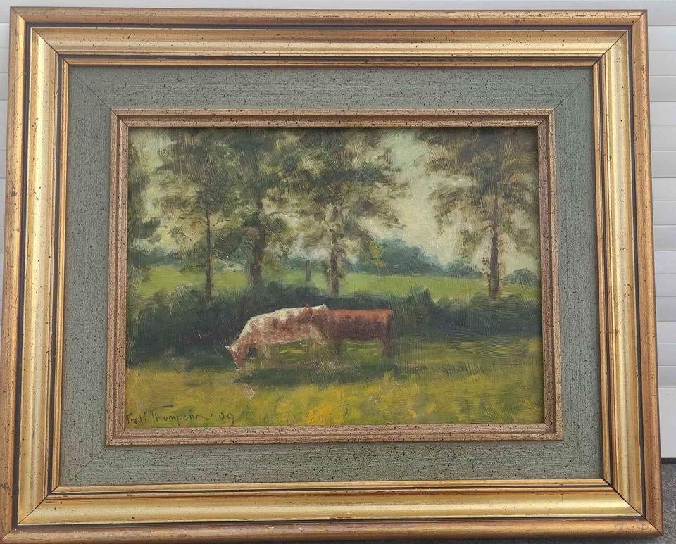 Huile sur panneau vaches signe Fred Thompson, Antiquités & Art, Enlèvement ou Envoi