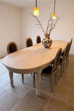 Eiken tafel 1,85m tot 2,85m en stoelen, mooi gepatineerd, Huis en Inrichting, Ophalen, Gebruikt, Landelijk antique