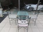 Tafel ijzer met glazen blad 4 ijzeren stoelen groen 200 euro, Ophalen, Zo goed als nieuw