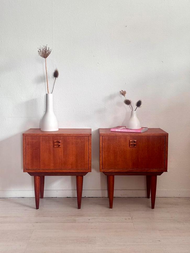 Set Deense vintage nachtkastjes – teak, jaren 60, Huis en Inrichting, Slaapkamer | Nachtkastjes, Gebruikt, 55 tot 70 cm, 45 tot 65 cm