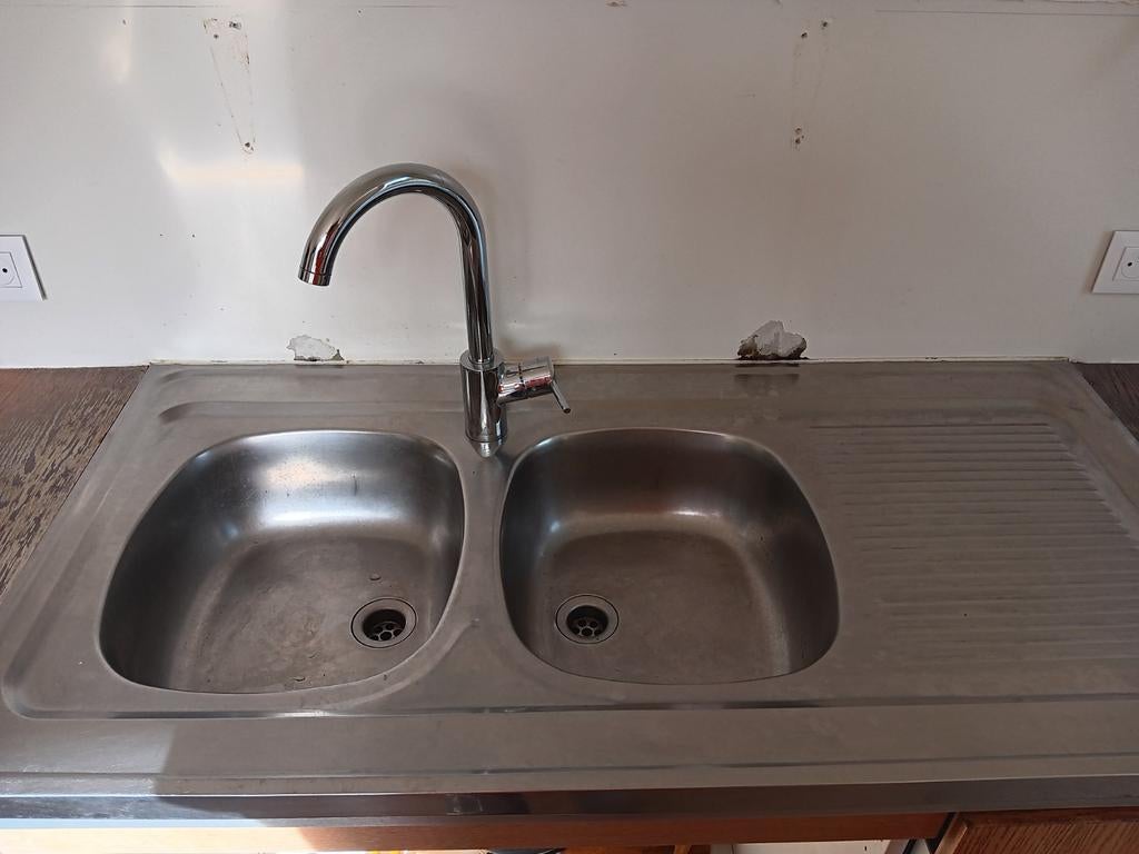 Double évier inox + robinet, Maison & Meubles, Enlèvement, Utilisé