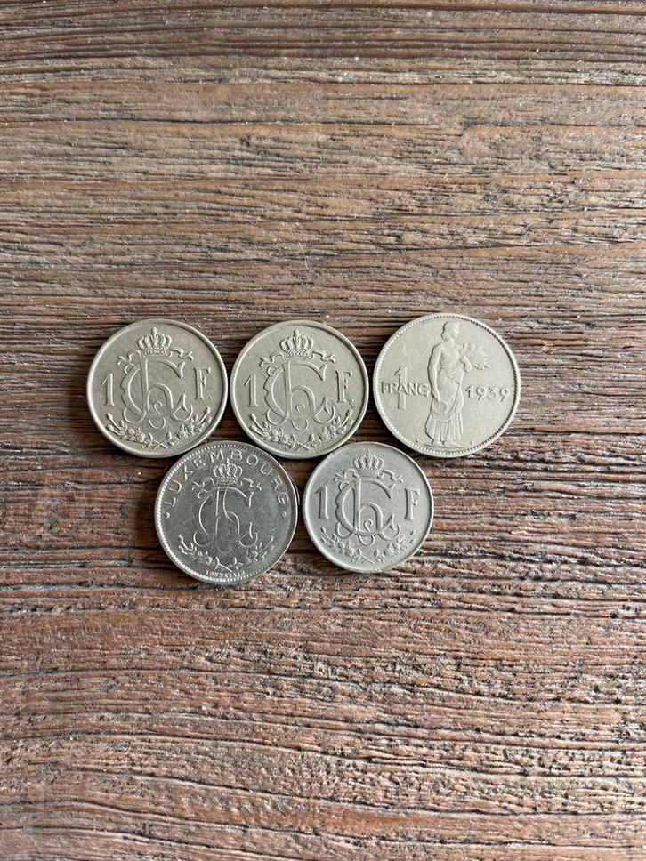 Luxemburg 1 frank munten 1928–1952 (oud type, 5 stuks), Postzegels en Munten, Munten | Europa | Niet-Euromunten, Setje, Overige landen