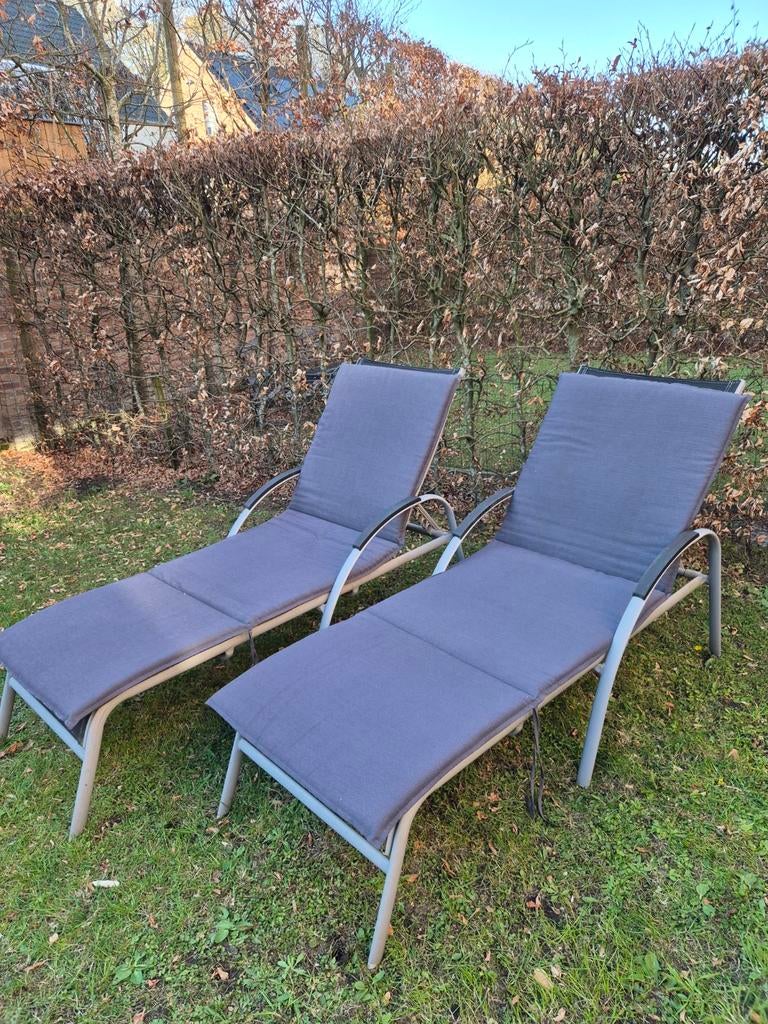 Ligbed 2x (grijs), met kussens 2x (grijs), Jardin & Terrasse, Chaises longues, Enlèvement, Utilisé, Métal, Réglable