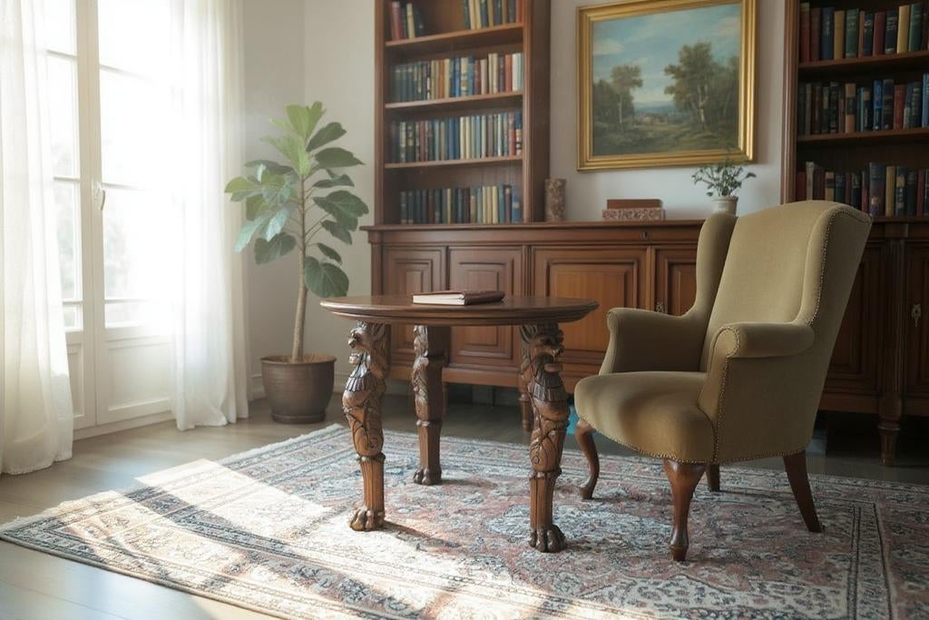 Table ronde ancienne en chêne — pièce unique sculptée à la m, Antiquités & Art, Antiquités | Meubles | Tables, Enlèvement