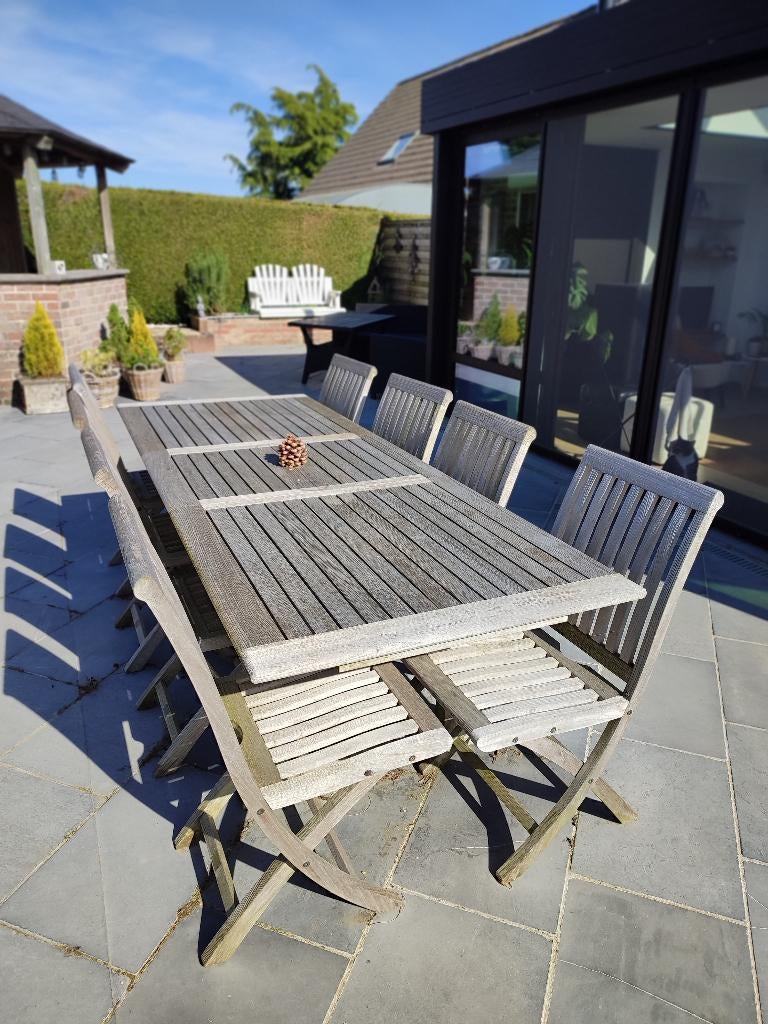 Table et chaises de jardin en teck, Jardin & Terrasse, Tables de jardin, Enlèvement, Utilisé, Rectangulaire, Bois de teck