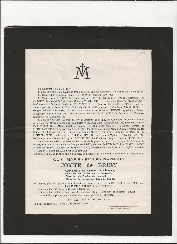 wo2 doodsbrief kapitein vliegenier +1940 comte de briey, Ophalen of Verzenden, Luchtmacht, Foto of Poster
