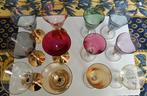 6 + 6 verres à liqueur cristal irrisé, pied doré, 6 couleurs, Ophalen of Verzenden, Zo goed als nieuw, Kristal, Glas of Glazen