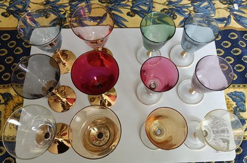 6 + 6 verres à liqueur cristal irrisé, pied doré, 6 couleurs, Verzamelen, Porselein, Kristal en Bestek, Zo goed als nieuw, Glas of Glazen