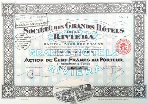 Société des Grands Hôtels de la Riviera 1930, Postzegels en Munten, Aandelen en Waardepapieren, Aandeel, 1920 tot 1950, Ophalen of Verzenden
