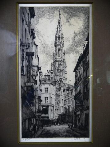 Ets - Stadsgezicht met zicht op kathedraal te Antwerpen beschikbaar voor biedingen