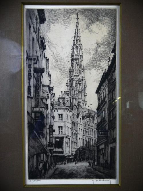 Ets - Stadsgezicht met zicht op kathedraal te Antwerpen, Antiek en Kunst, Kunst | Etsen en Gravures, Ophalen