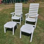 2 stevige witte tuin relax stoelen met voetbankjes, Ophalen, Gebruikt, Plastic, Verstelbaar