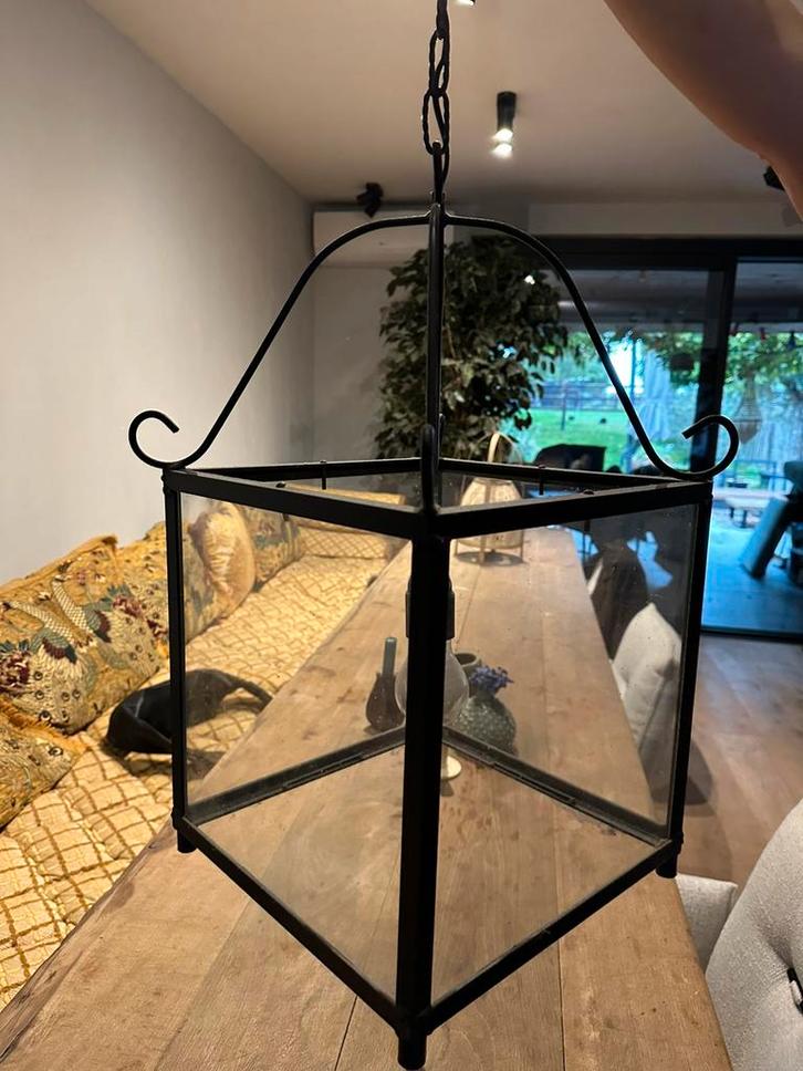 Industriële gietijzeren lamp (mat zwart), Huis en Inrichting, Lampen | Hanglampen, Zo goed als nieuw, Glas, Ophalen