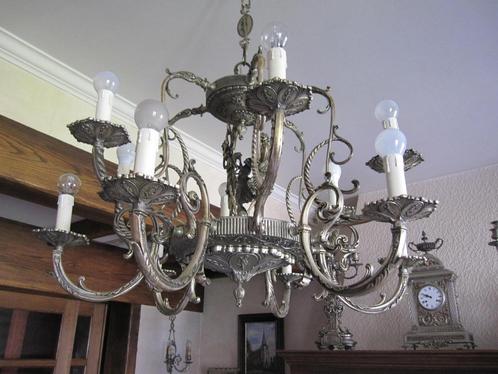 Grote verzilverde luster 12 armen en 2 apliques, Huis en Inrichting, Lampen | Kroonluchters, Gebruikt, Metaal, Ophalen