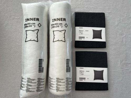2 coussins + 2 housses neuves en ramie, Huis en Inrichting, Woonaccessoires | Kussens, Nieuw, Grijs, Vierkant, Ophalen