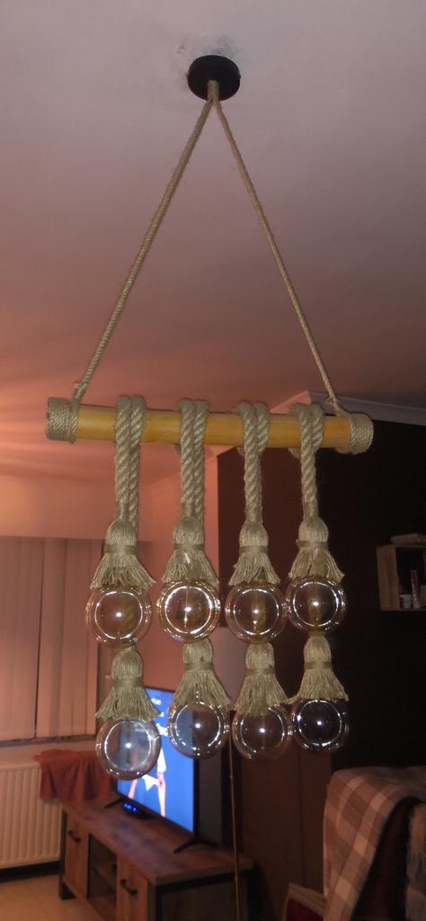 Retro Hanglamp bamboe en hennep touw, Huis en Inrichting, Lampen | Kroonluchters, Zo goed als nieuw, Ophalen