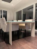 Witte glazen tafel van 3 meter + 6 witte stoelen, 100 tot 150 cm, 200 cm of meer, Vijf personen of meer, Modern