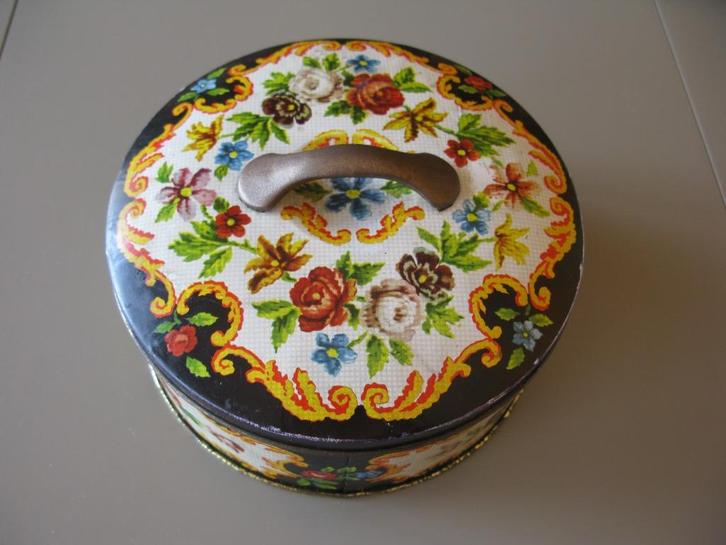 Vintage DELACRE „bloemendecoratie” leeg. cilindrisch metaal, Verzamelen, Blikken, Gebruikt, Koek(jes), Overige merken, Ophalen of Verzenden
